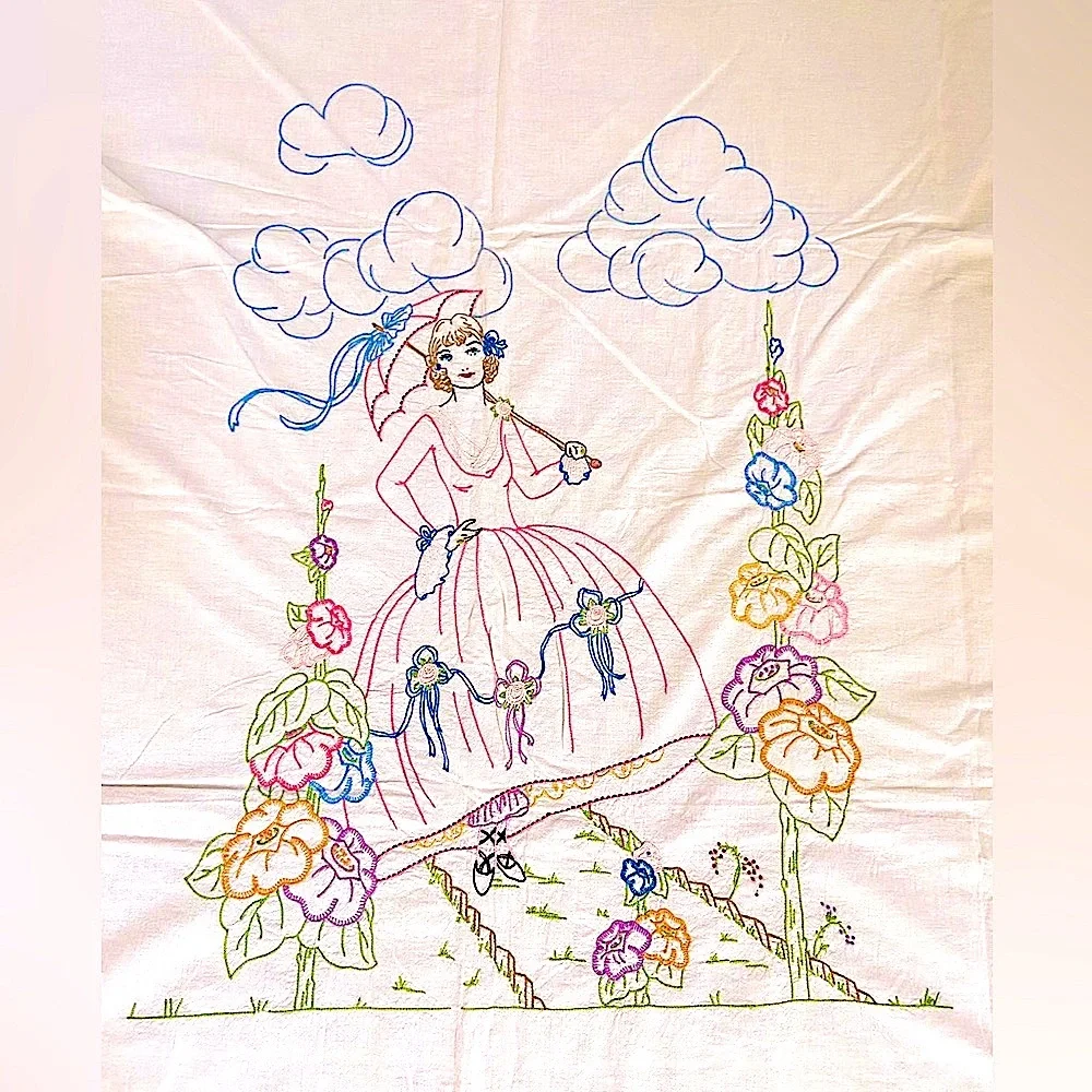 Embroidered BedSpread Tapestry Handmade Vintage Lady‎ with Flowers 74” x 85”